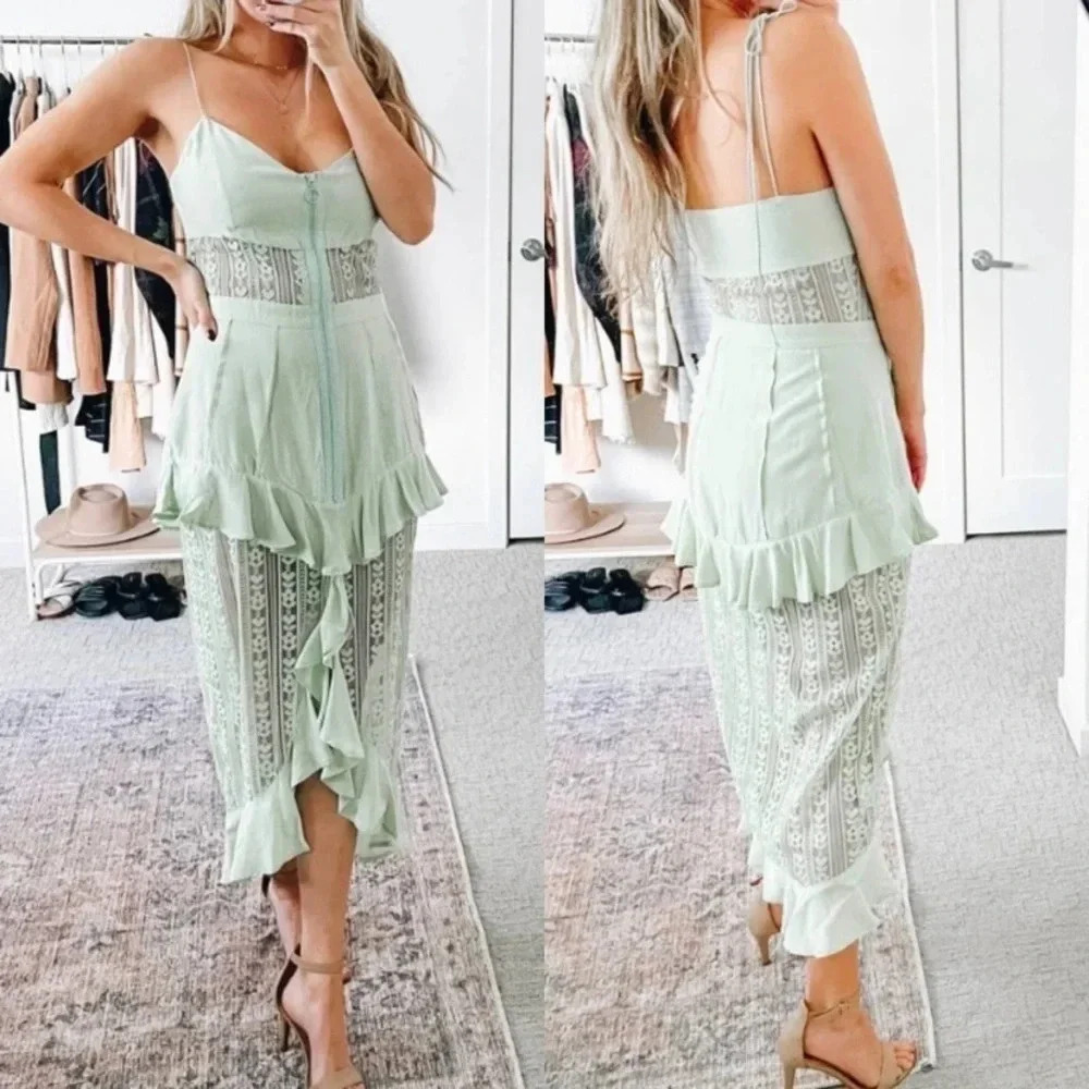 For Love & Lemons Lovebird Lace Ruffle Midi Dress S - Picture 2 of 4
